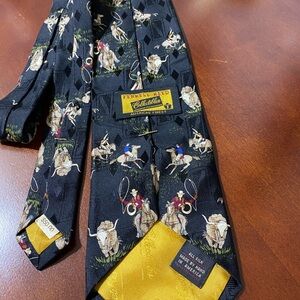 Ferrell Reed Collectibles all silk black tie with a cowboy and bull